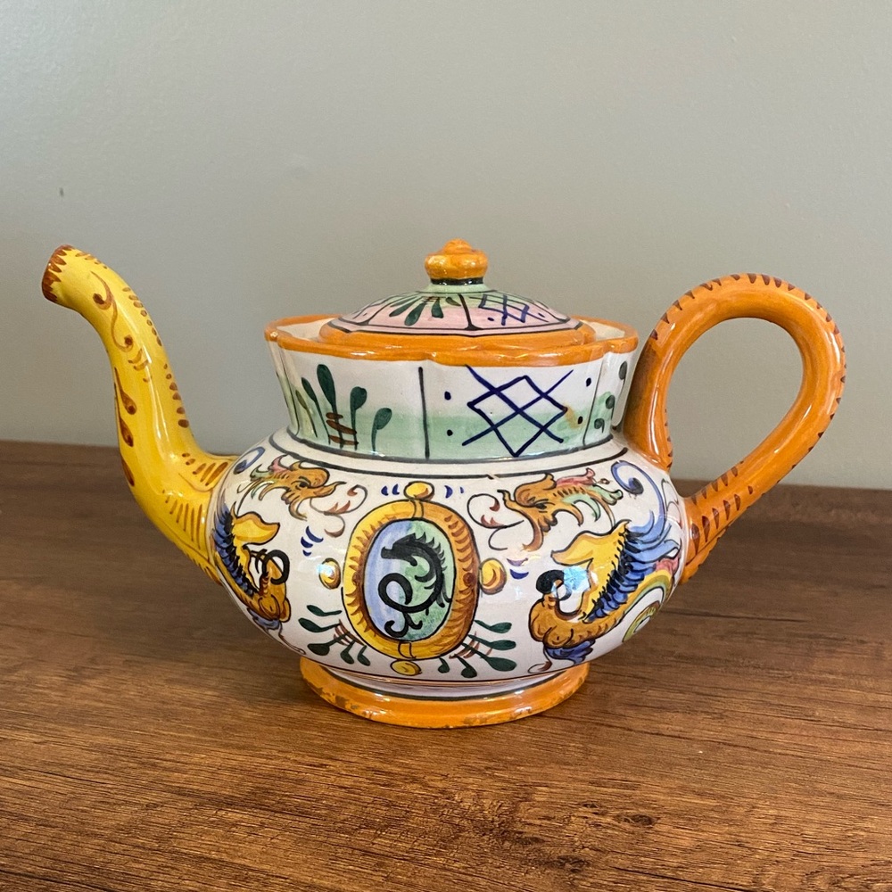 Raffalesco majolica pottery vintage hand-painted ceramic teapot